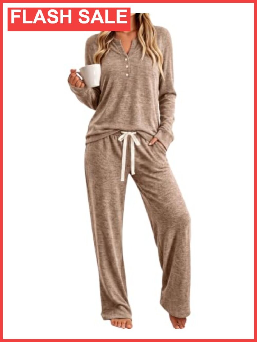 Women's 2-Piece Pajama Set Long Sleeve Henley Wide-Leg Lounge Sleepwear